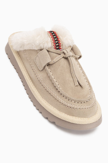 Tisha Genuine Leather Beige Suede Fur Detailed Women’s Slippers