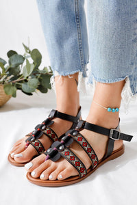 Gabrielle Black Toe-Post Adjustable Ethnic Patterned Flat Sandals in Genuine Leather