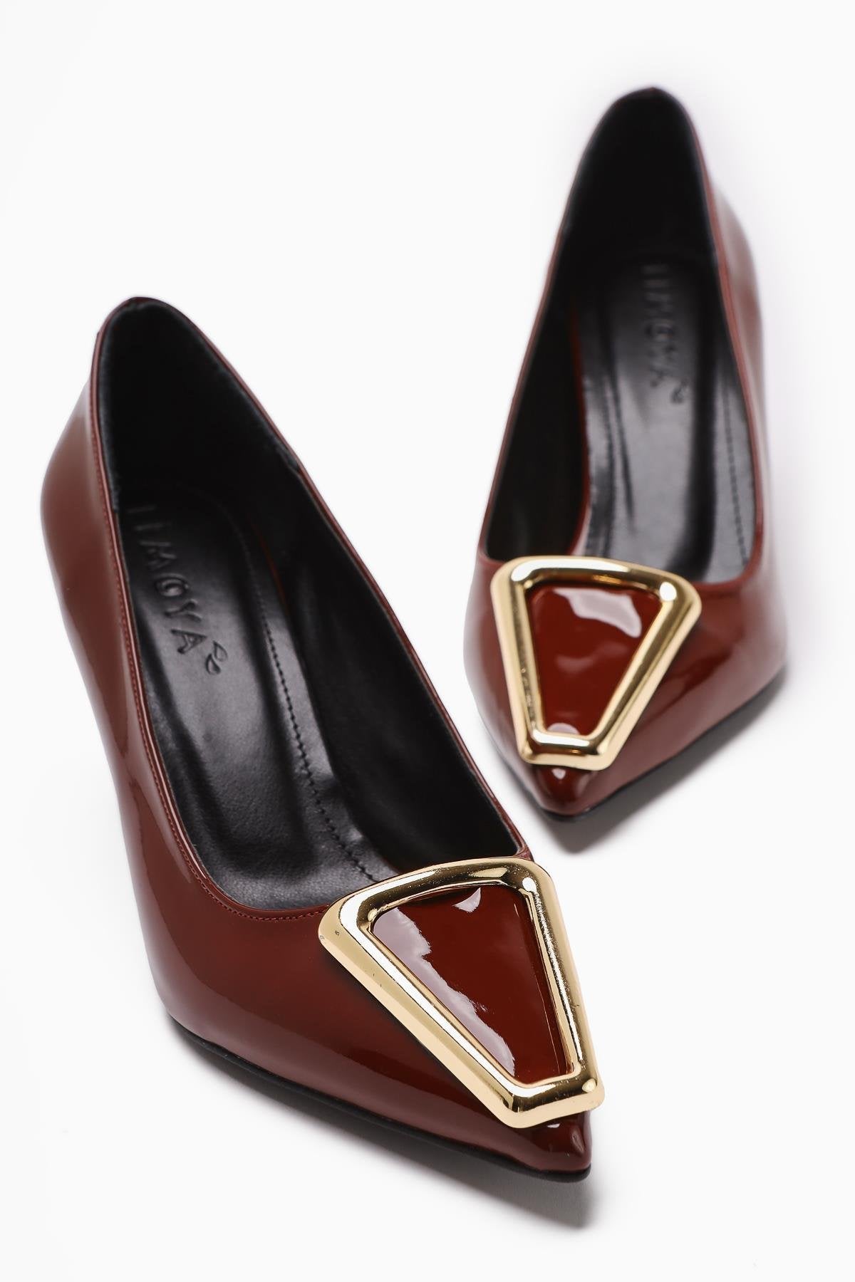 Carla Burgundy Patent Pointed Toe Buckle Detailed Women’s Heeled Shoes