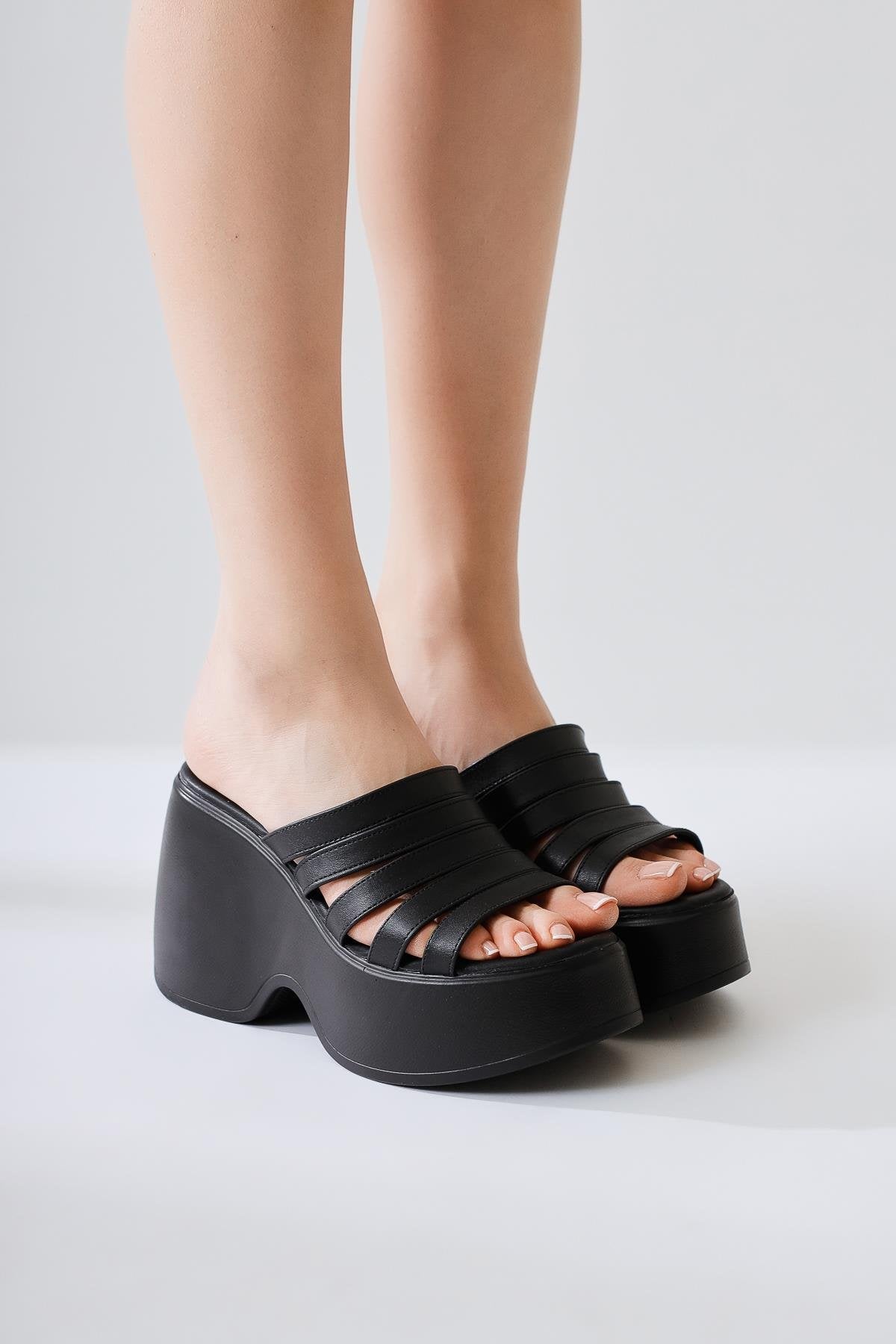 Margarit Black Thin Strap Platform Slide with Chunky Heel