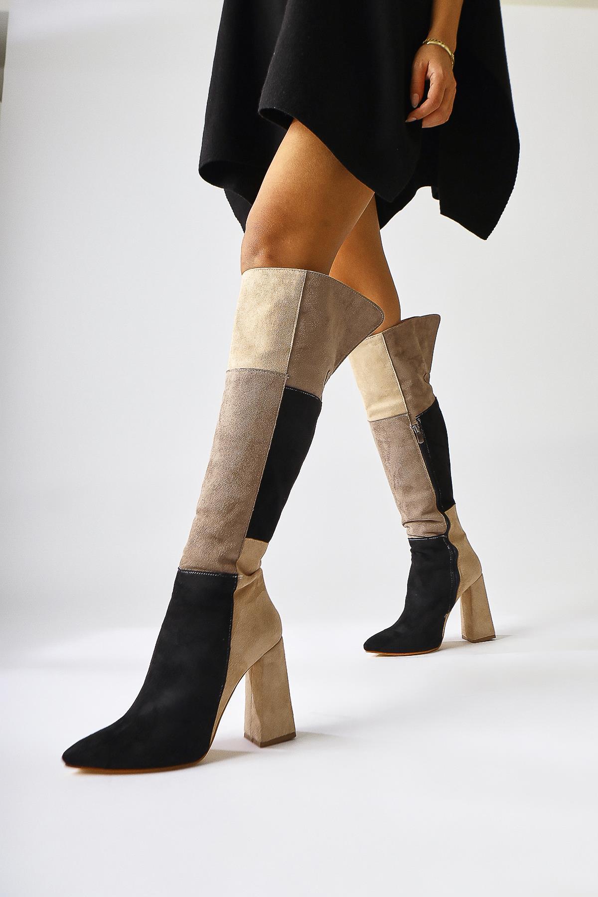 Kamiyah Black Beige Over-the-Knee Boot