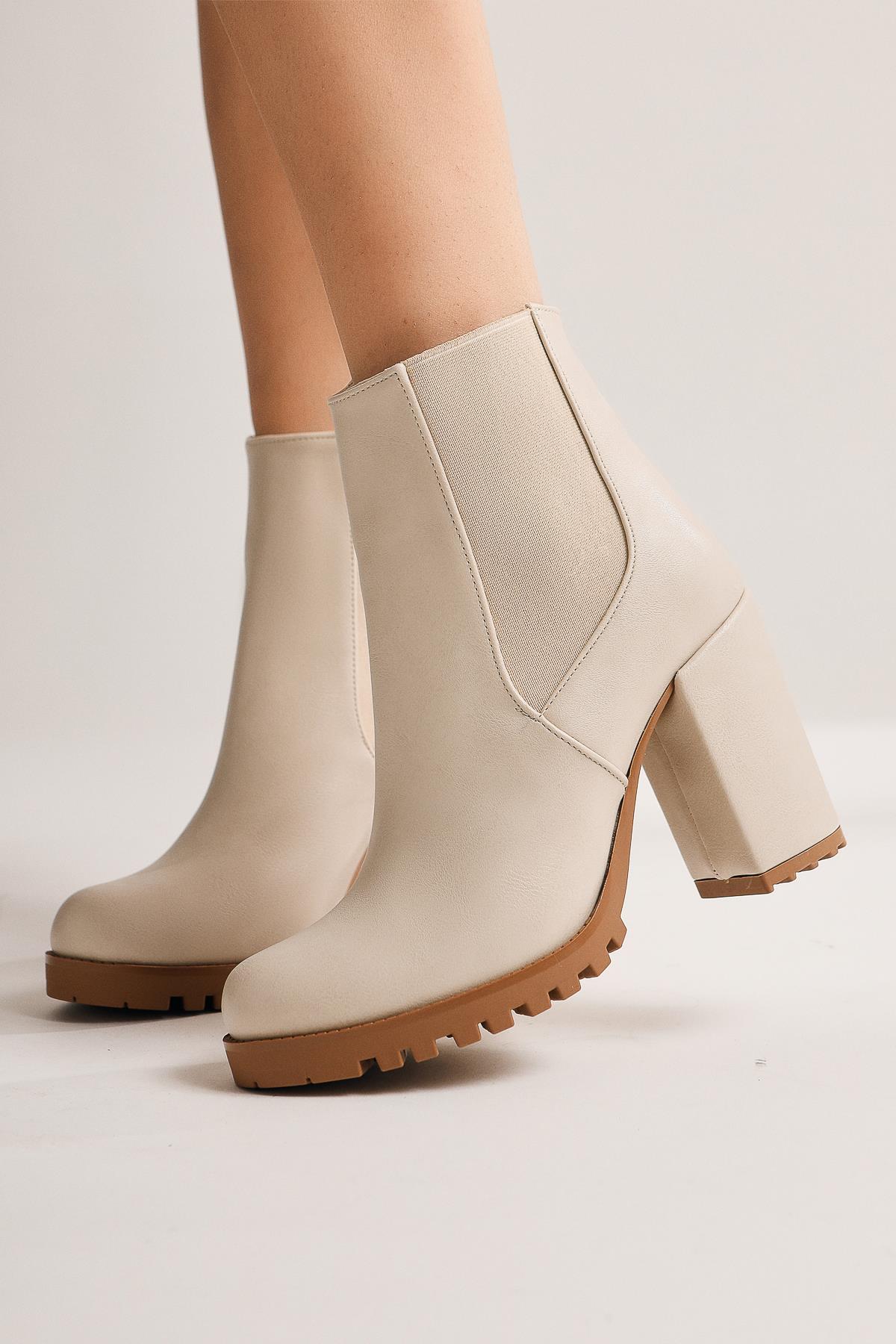 Dorsaf – Beige Oval-Toe Elasticized Heeled Boot (Women)