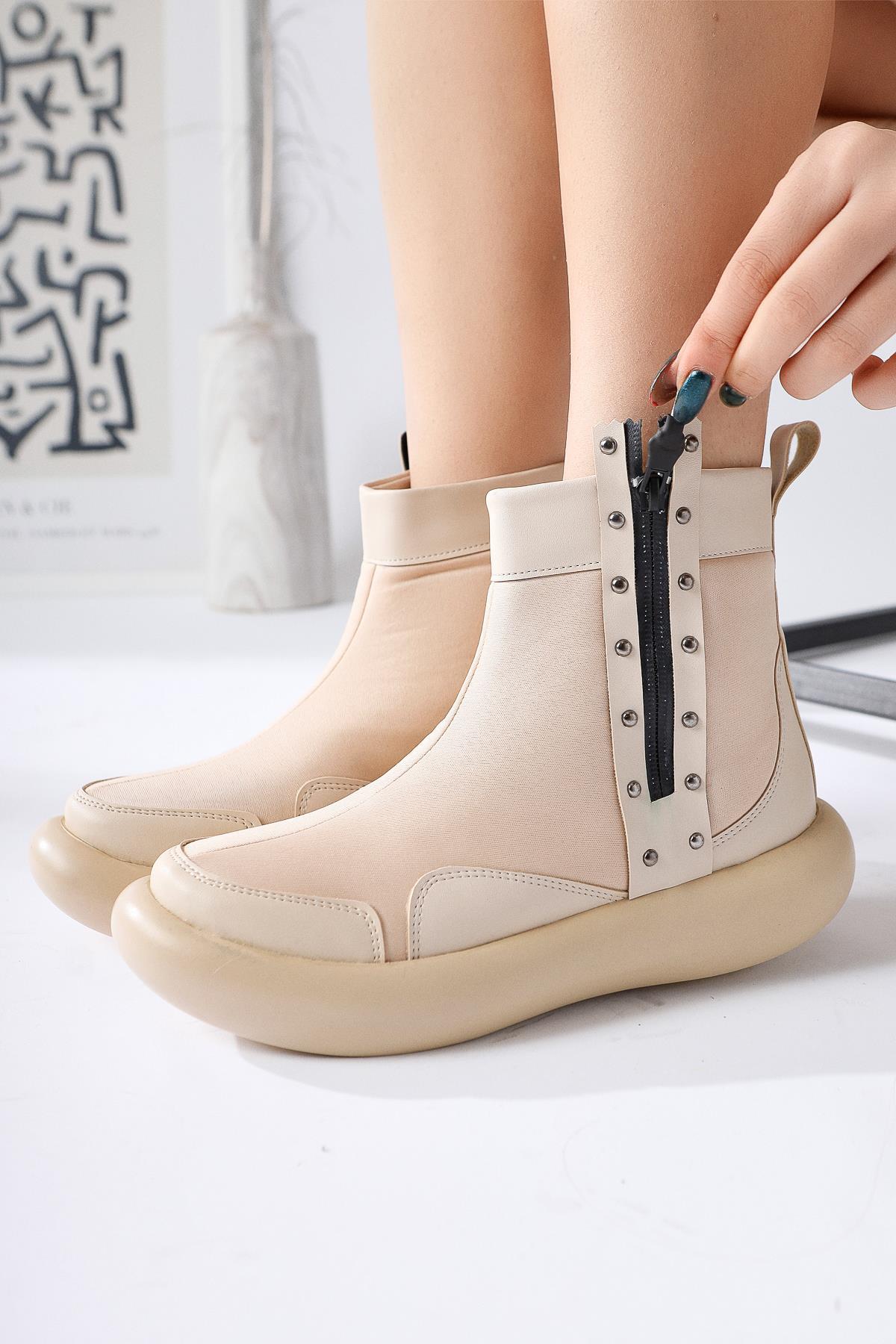 Maeda – Beige Neoprene Stud and Zip-Detail Boot (Women)