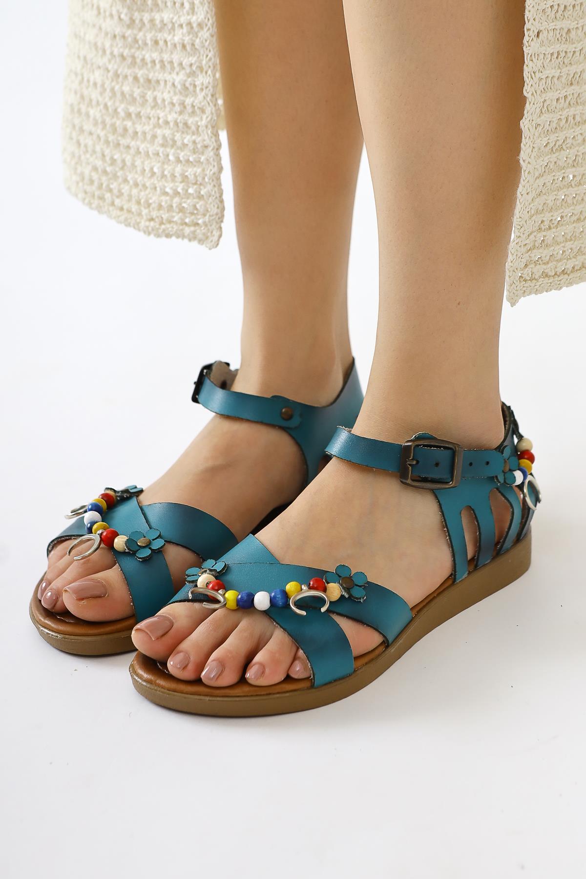 Alize Genuine Leather Turquoise Sandals with Bead and Leaf Details