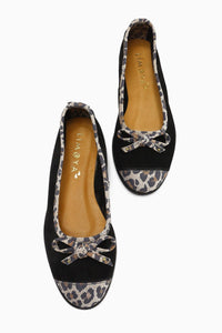 Genuine Leather Alfreda Black Suede Leopard Detailed Women’s Ballet Flats