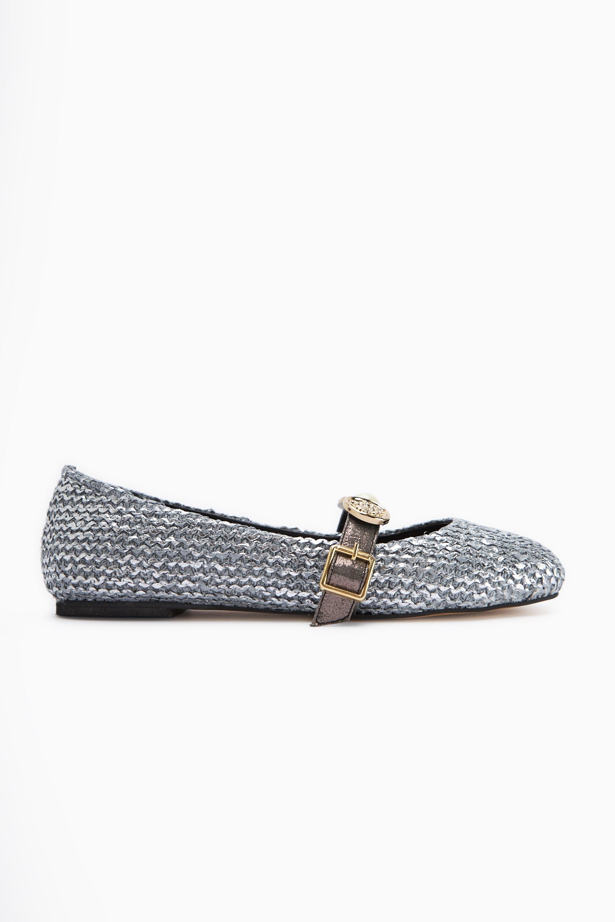 Sufia Platinum Buckled Woven Women’s Ballet Flats