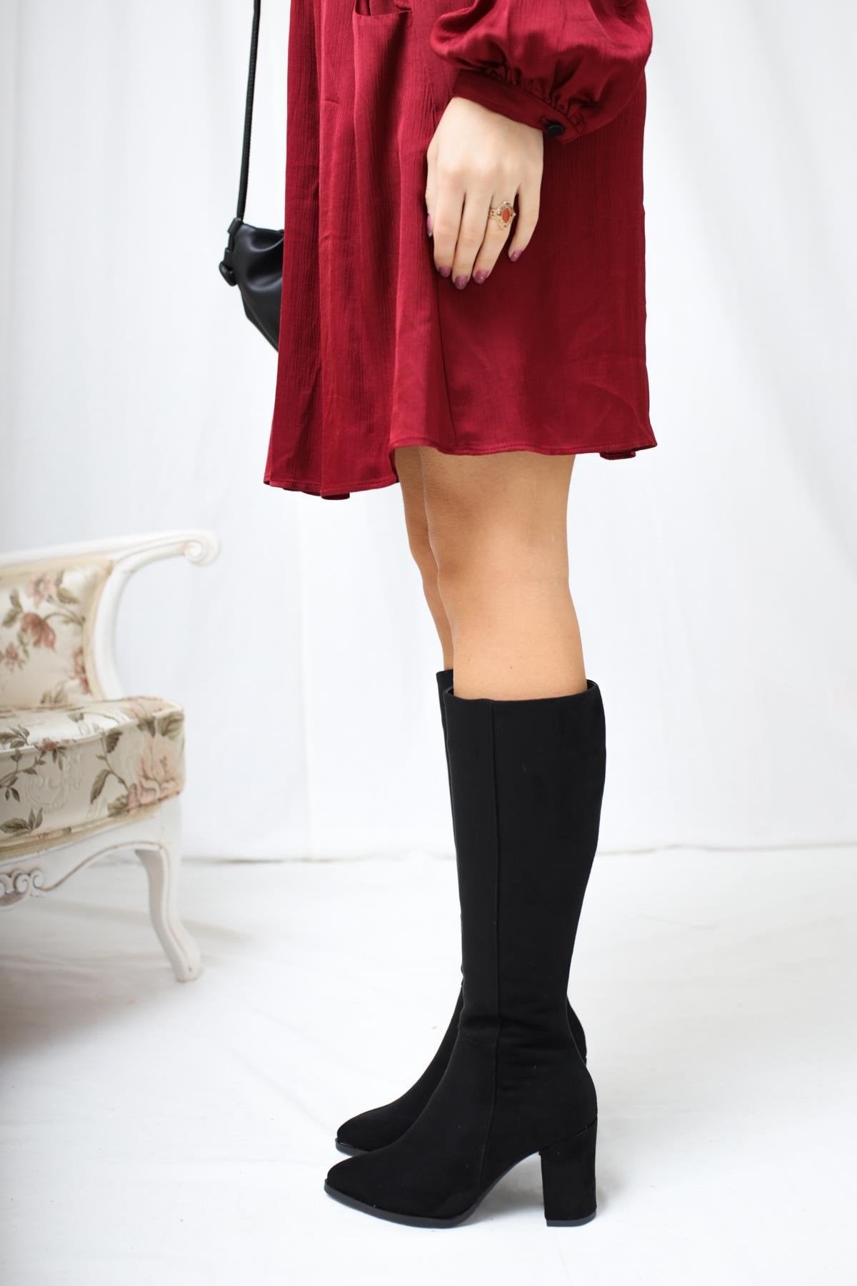 Tatum – Black Suede Pointed-Toe Mid Heel Knee-High Boot (Women)