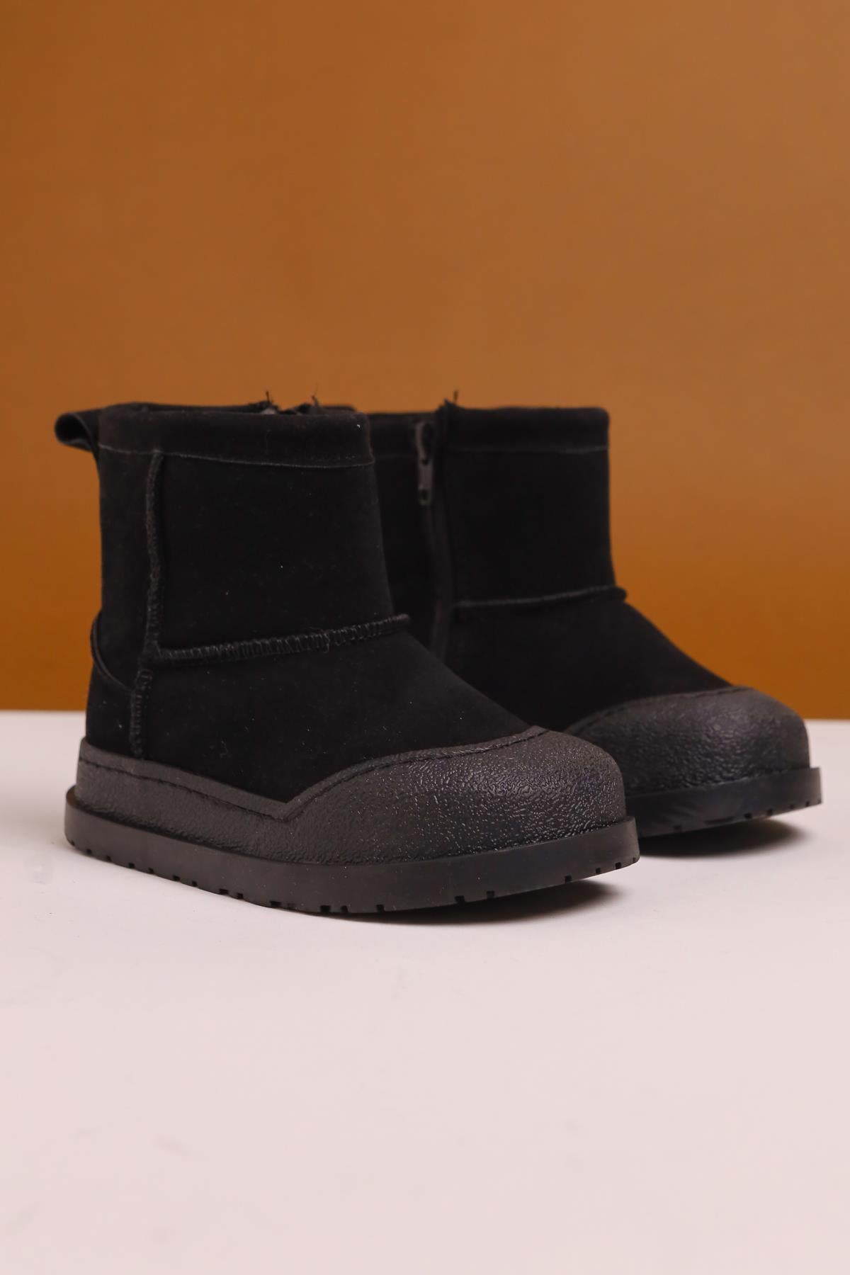 Jasmin Black Suede Boots with Reverse Stitching and Fur Lining for Kids
