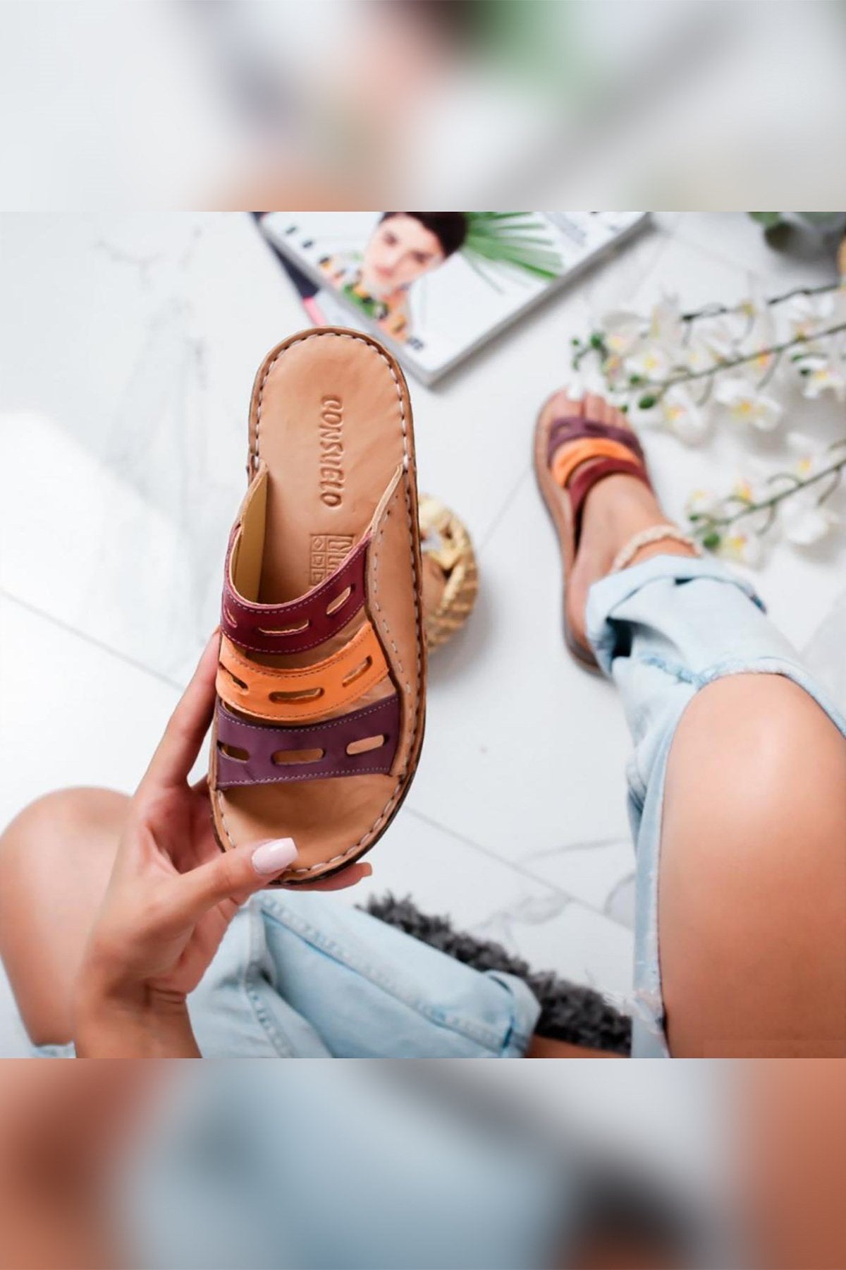 Joelle – Genuine Leather Nude Burgundy Purple Orange Laser-Cut Slide (Women)