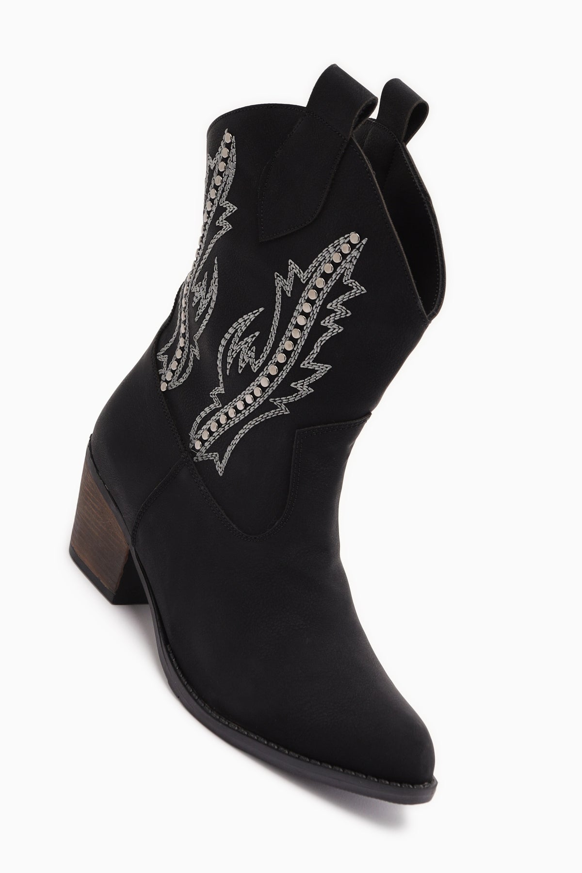 Fiza Black Pointed Toe Embroidered Studded Women’s Boots