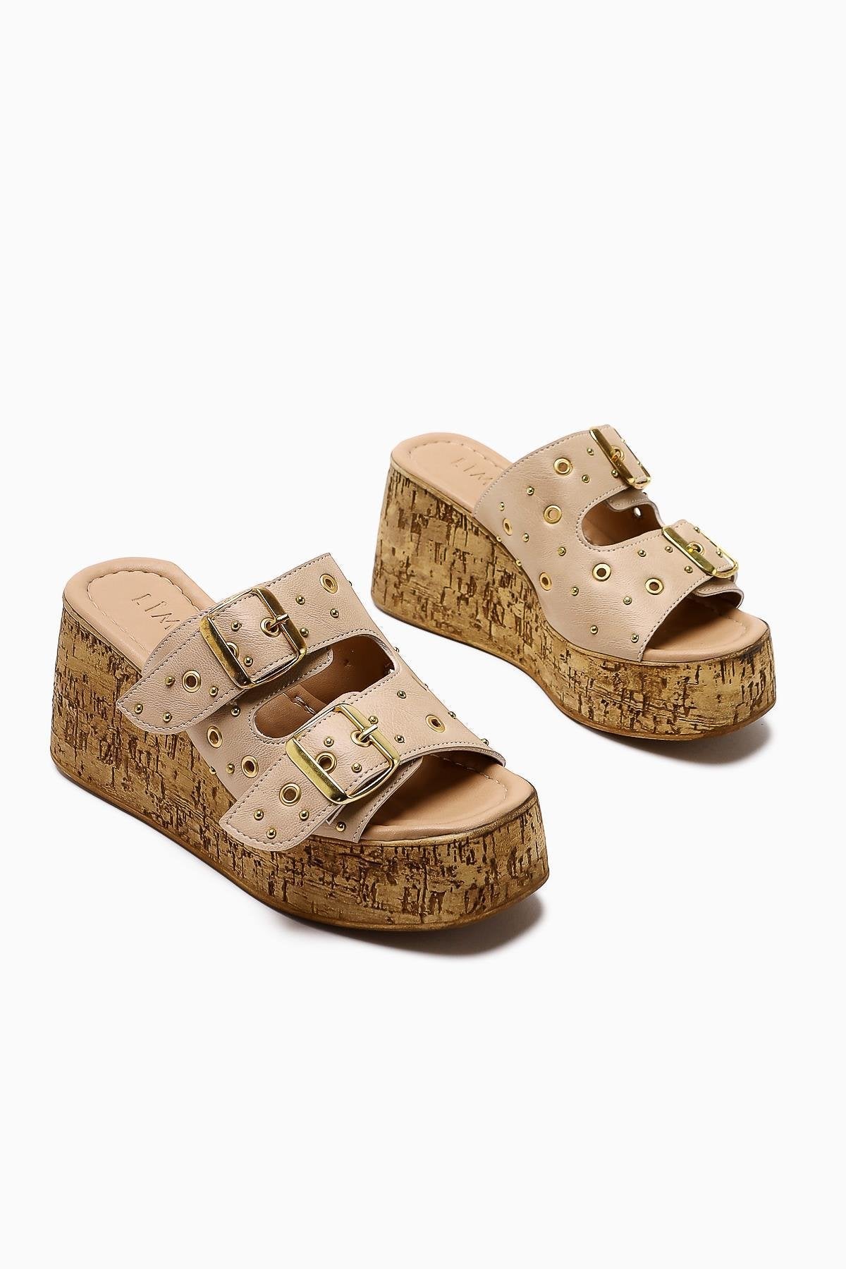 Genja Nude Strap Detailed Wedge Heeled Slippers