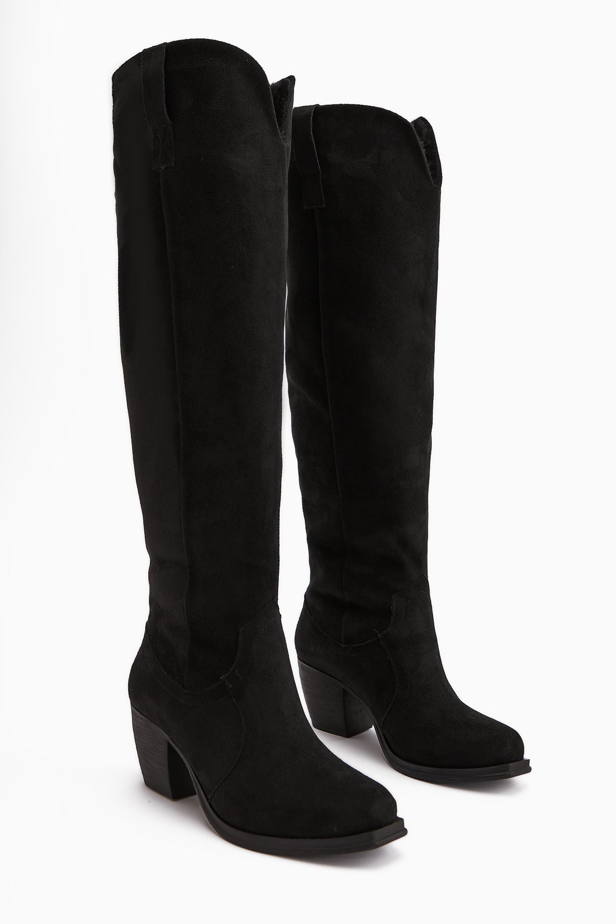 Leya – Black Suede Zipperless Heeled Knee-High Boot (Women)