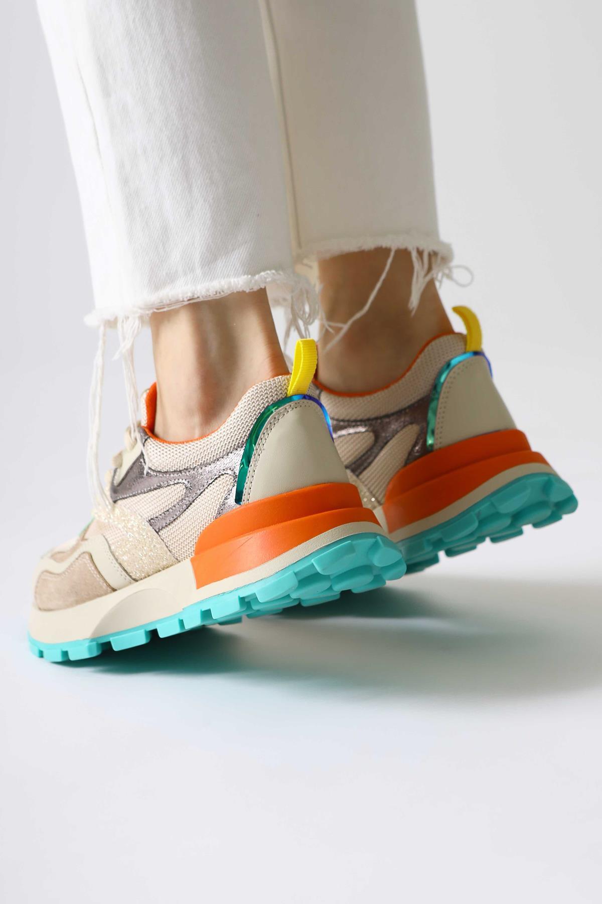 Netta Multi-Colored (Orange) Lace-Up Sneakers with Mesh Detail