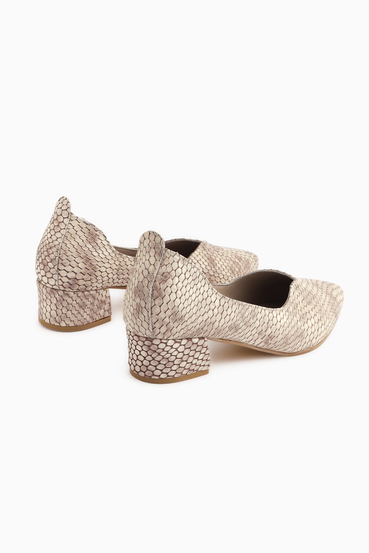 Samia Genuine Leather Beige Snake Pattern Thick Heeled Women’s Shoes