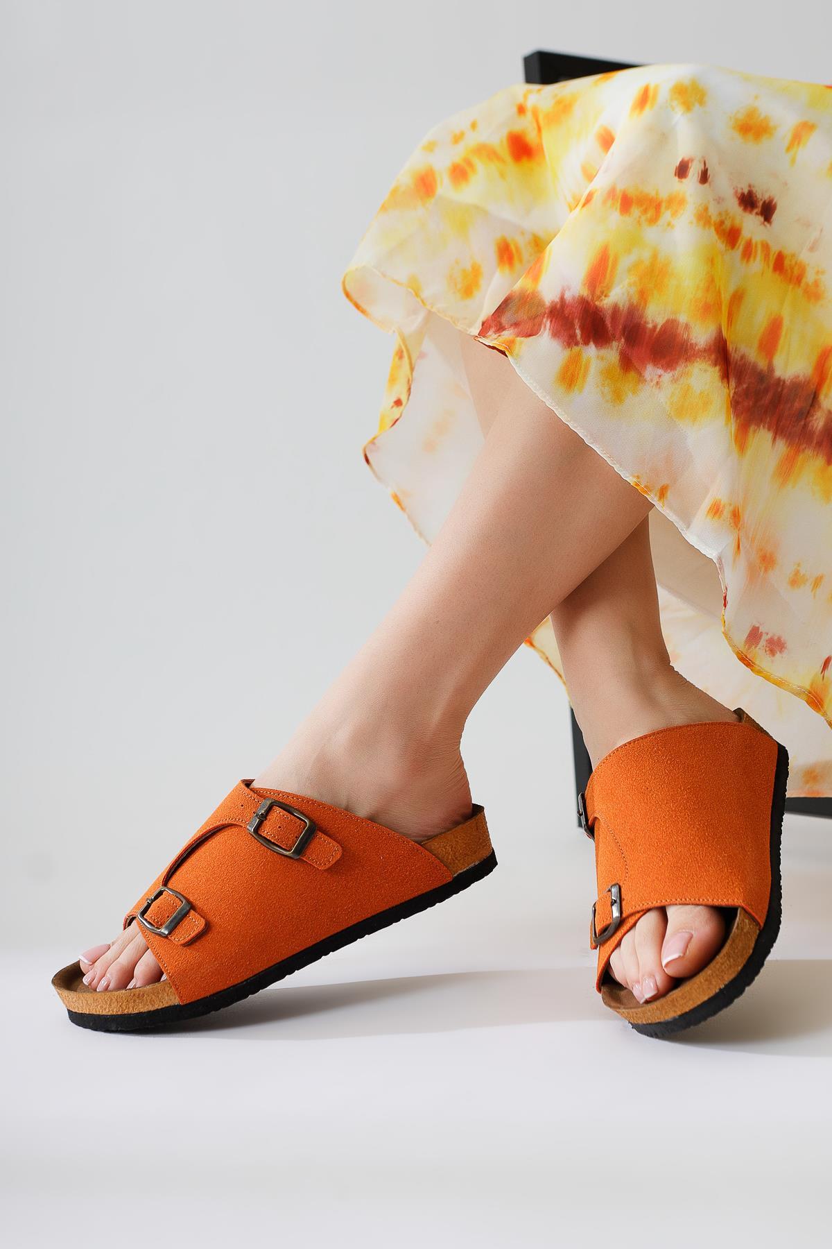 Christella Orange Suede Slippers with Double Buckle Details