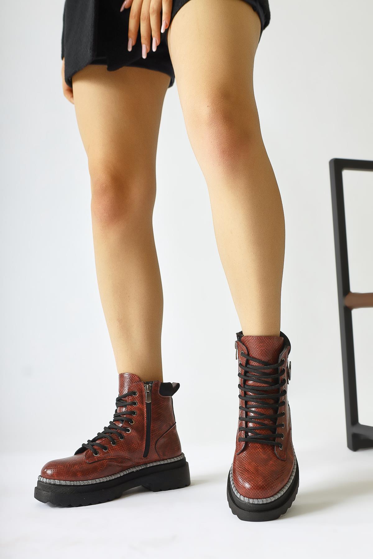 Amona Burgundy Shiny Stone Detailed Lace-Up Boot