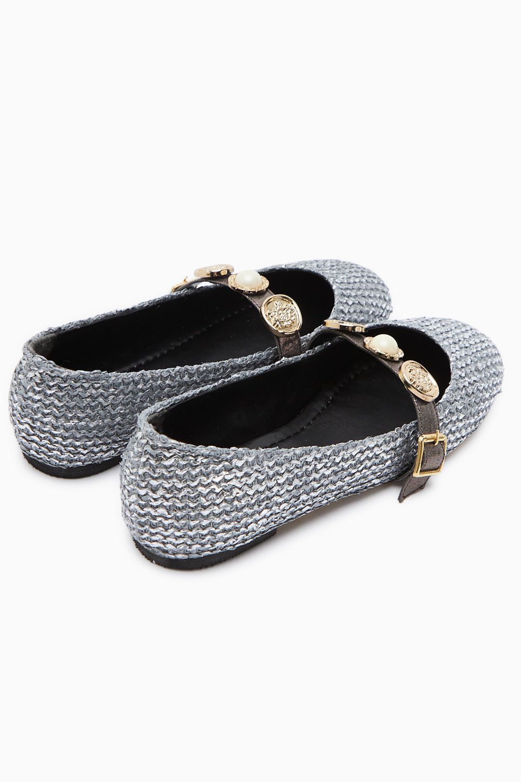 Sufia Platinum Buckled Woven Women’s Ballet Flats
