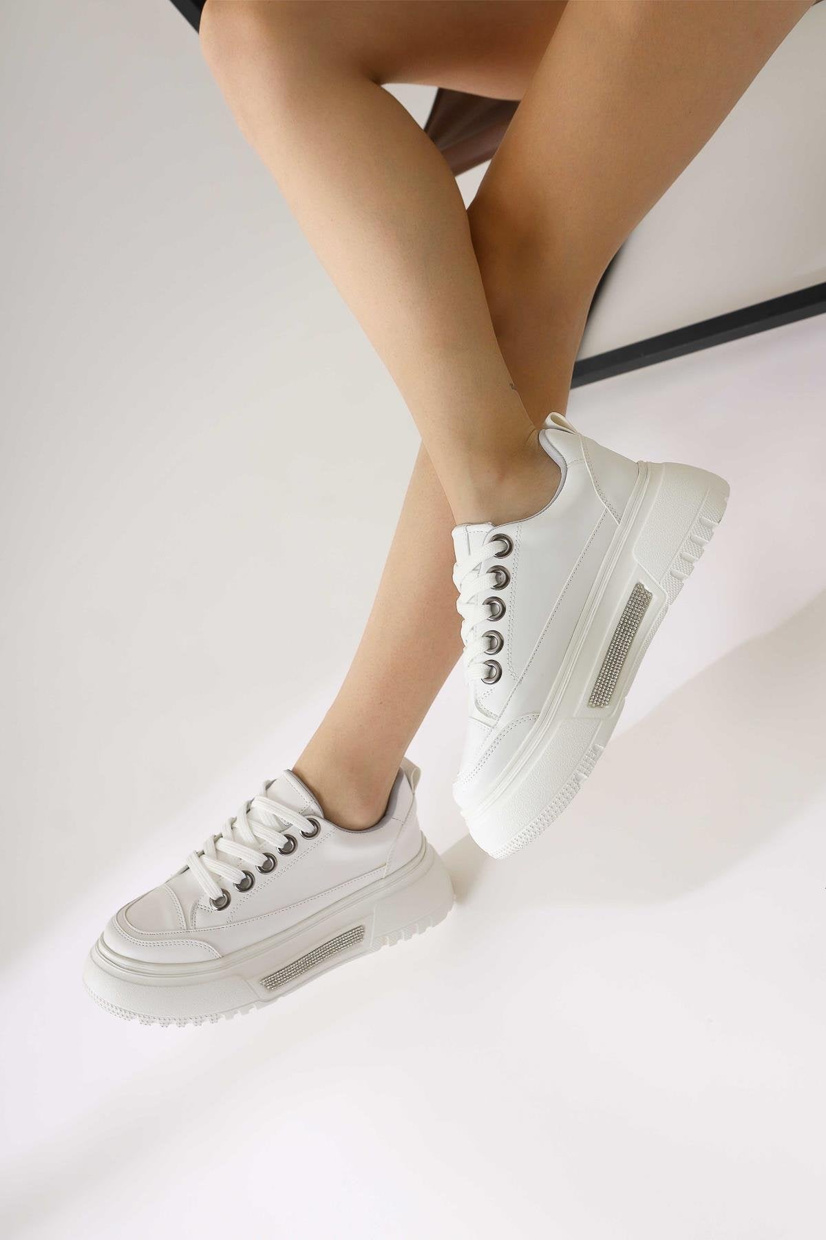 Rosella White Thick Soled Lace-Up Sneakers with Stone Detail