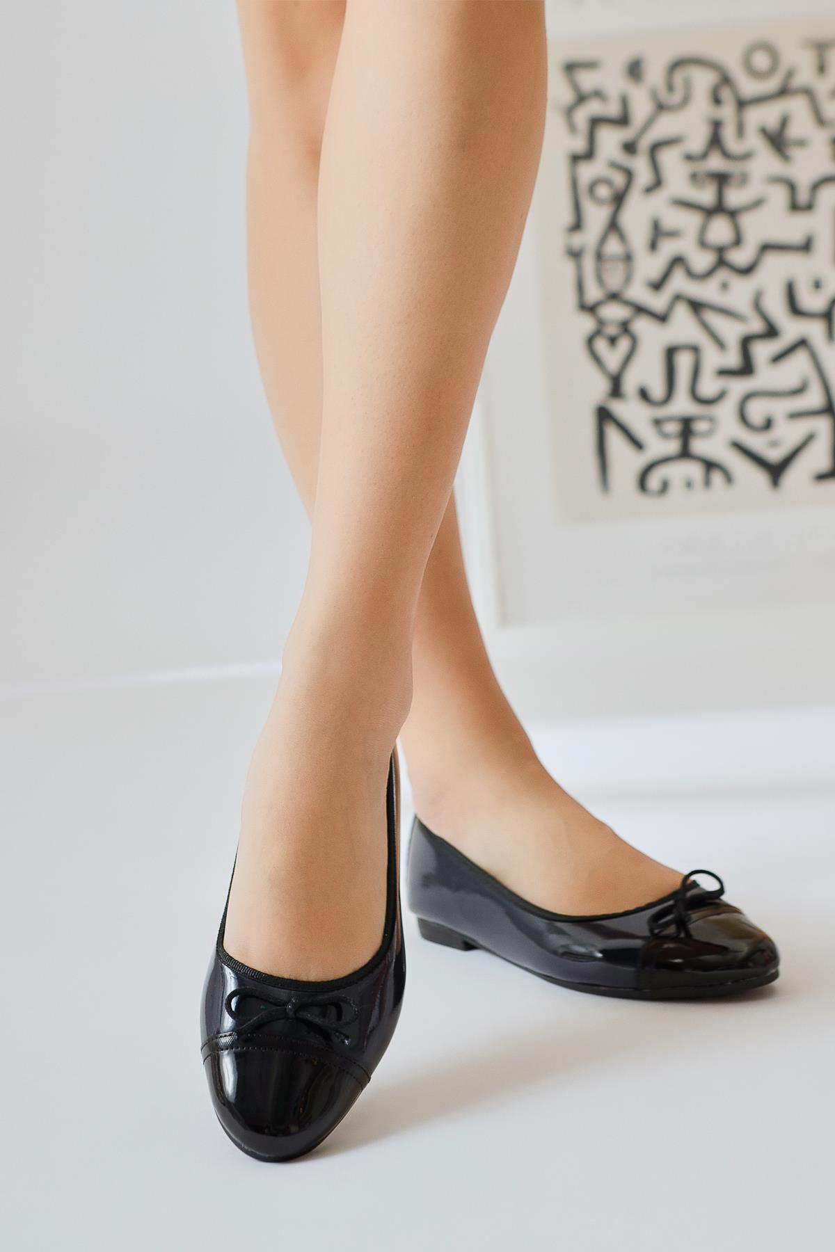Sobhie Navy Patent Leather Flat with Black Toe and Bow Detail