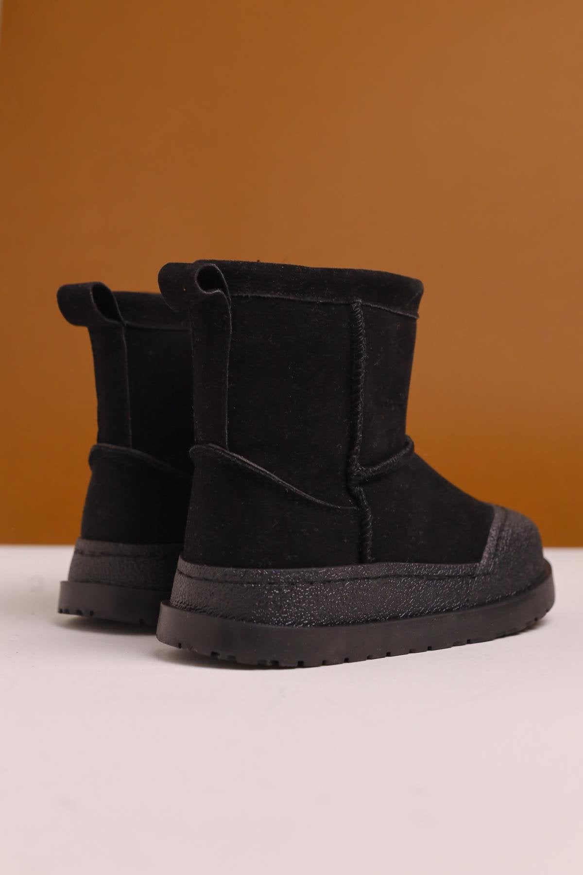 Jasmin Black Suede Boots with Reverse Stitching and Fur Lining for Kids