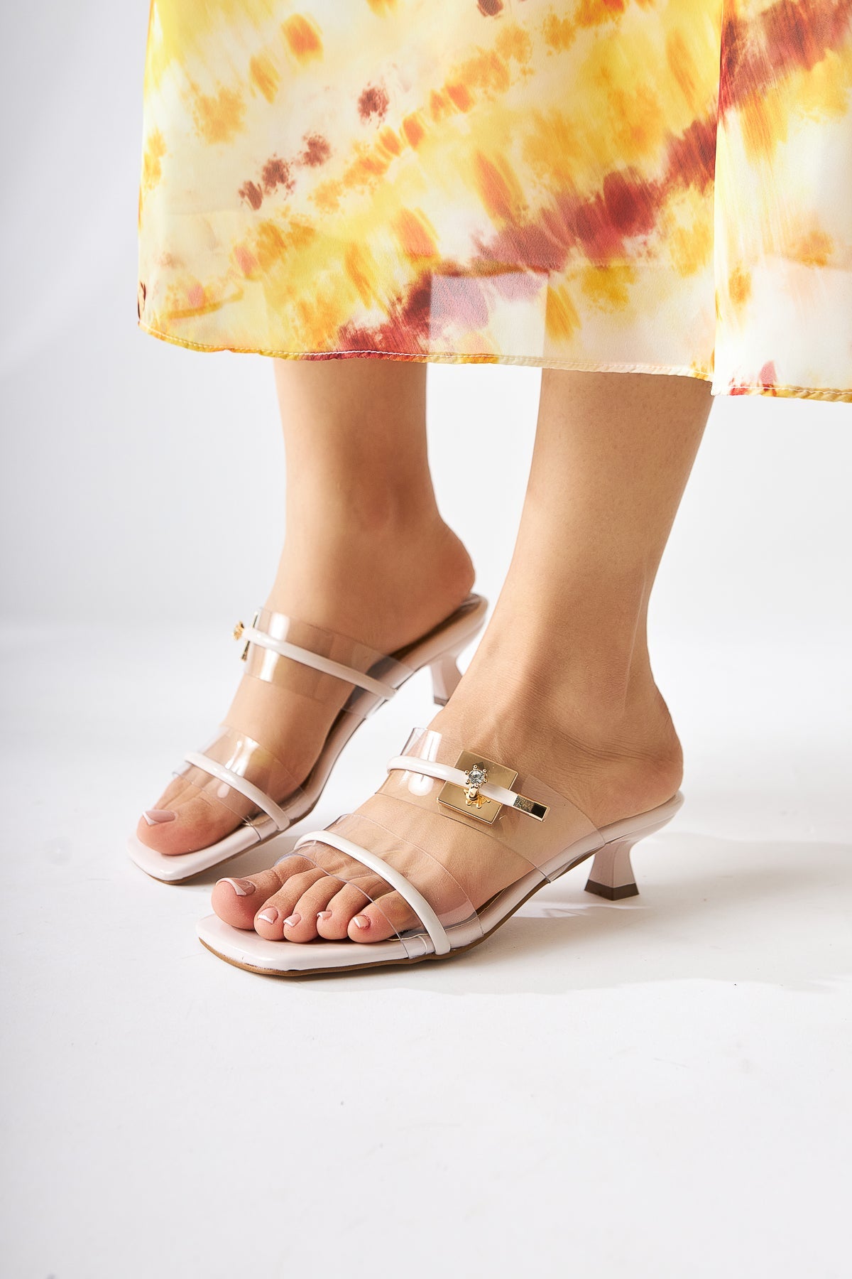 Silvi Beige Patent Buckled Low-Heeled Women's Slipper