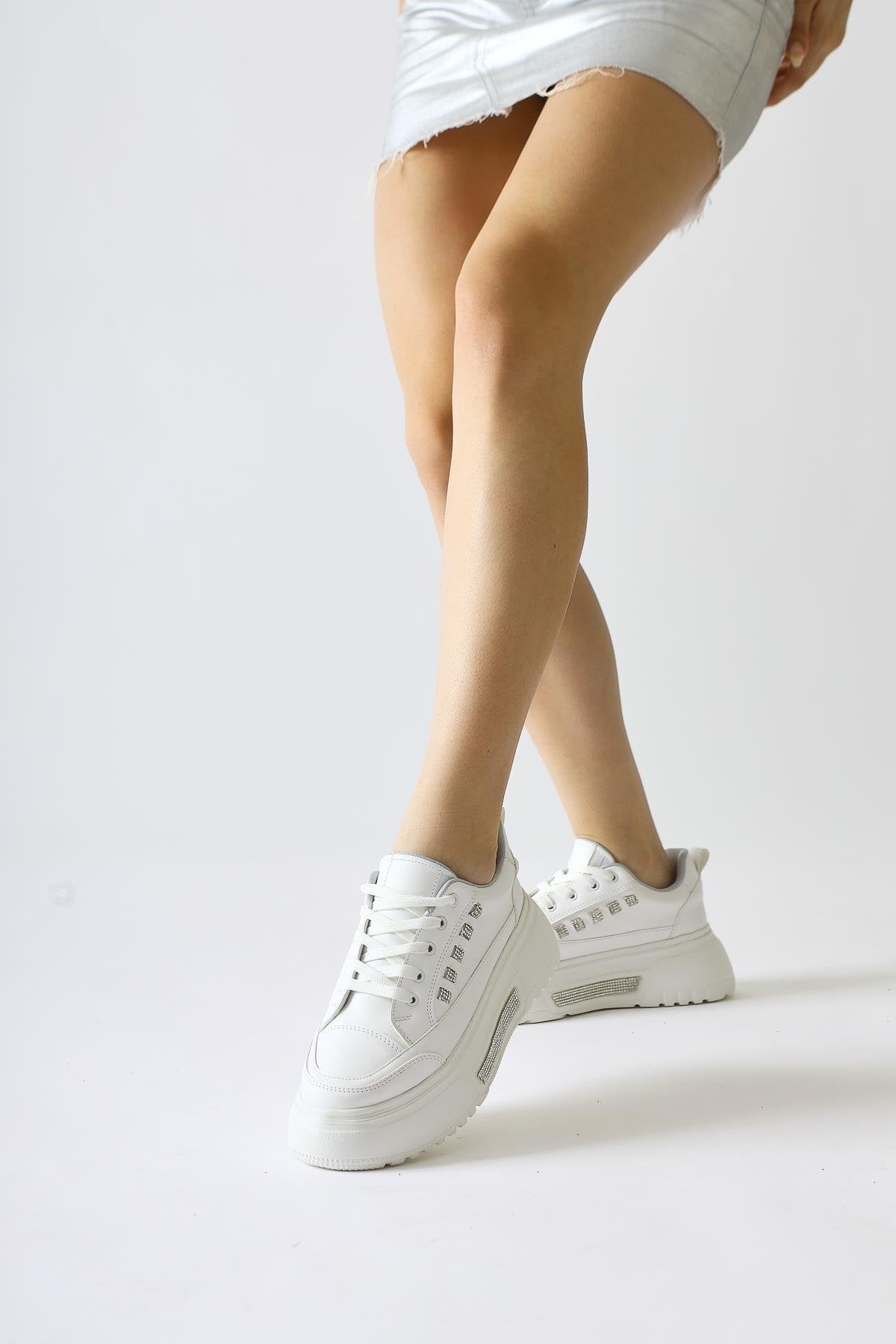 Tram White Thick Sole Stone Detailed Lace-up Sneakers