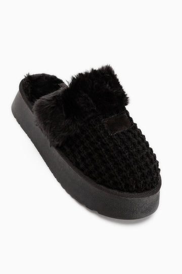 Mariza Black Plush Knitted Thick Sole Women’s Slippers