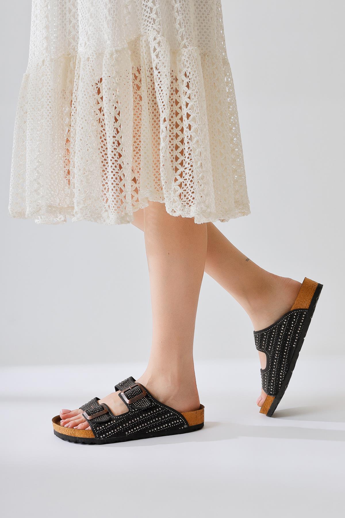 Aire Black Double Strap Gemstone Detail Slipper