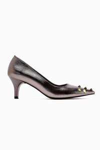 Anni – Platinum Shiny Crinkled Patent Pyramid-Studded Heeled Shoe (Women)