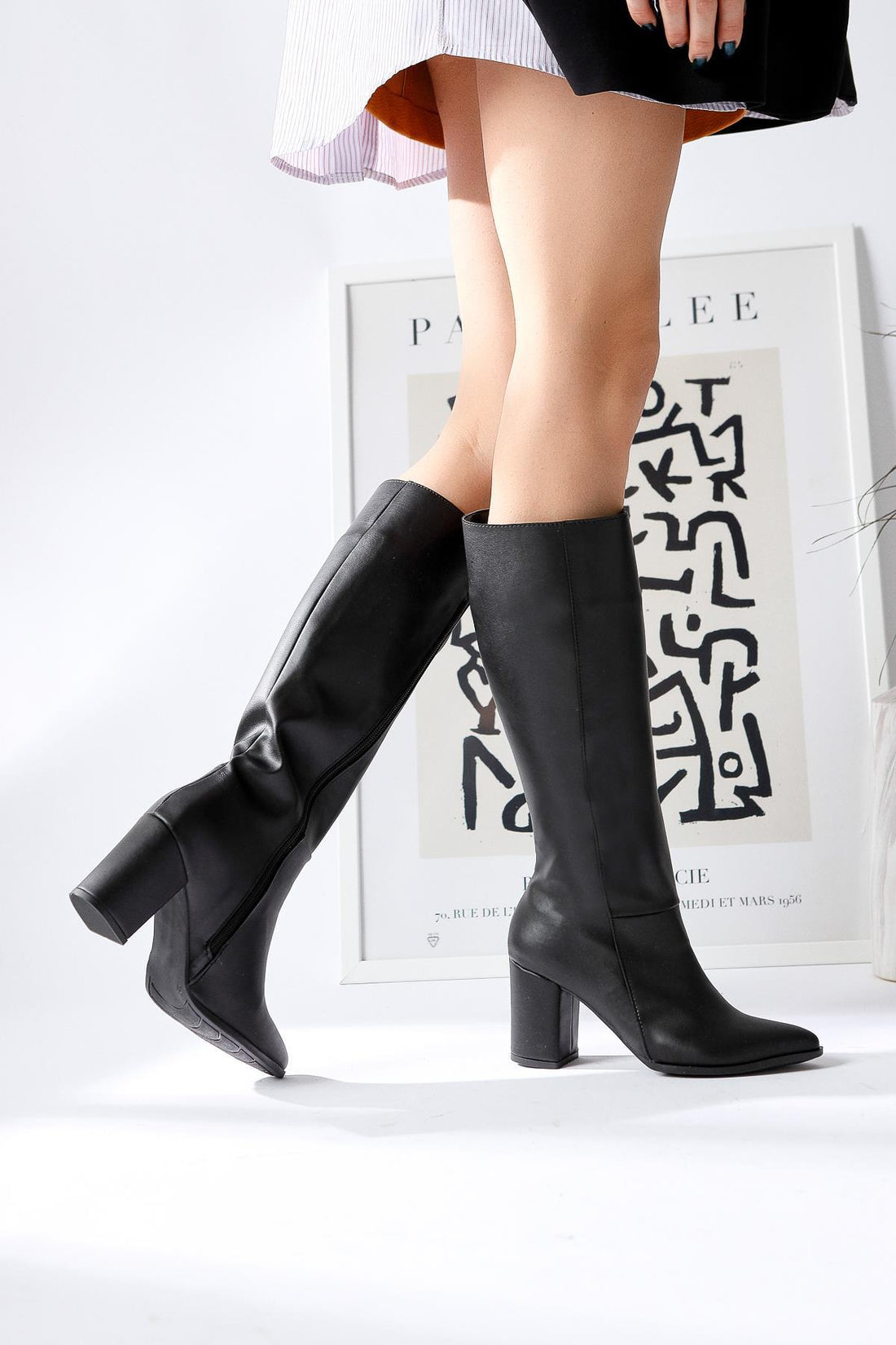 Tatum – Black Pointed-Toe Mid-Heel Knee-High Boot (Women)