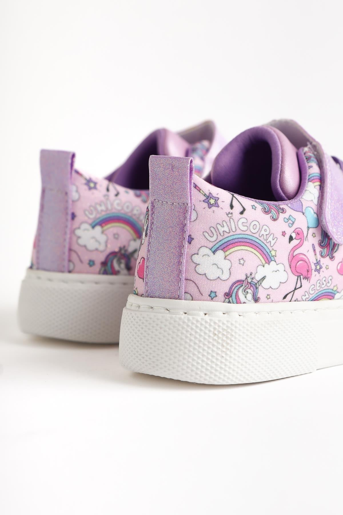Hoodo Lilac Striped Character Print Lace-Up Sneaker with Velcro Detail for Kids