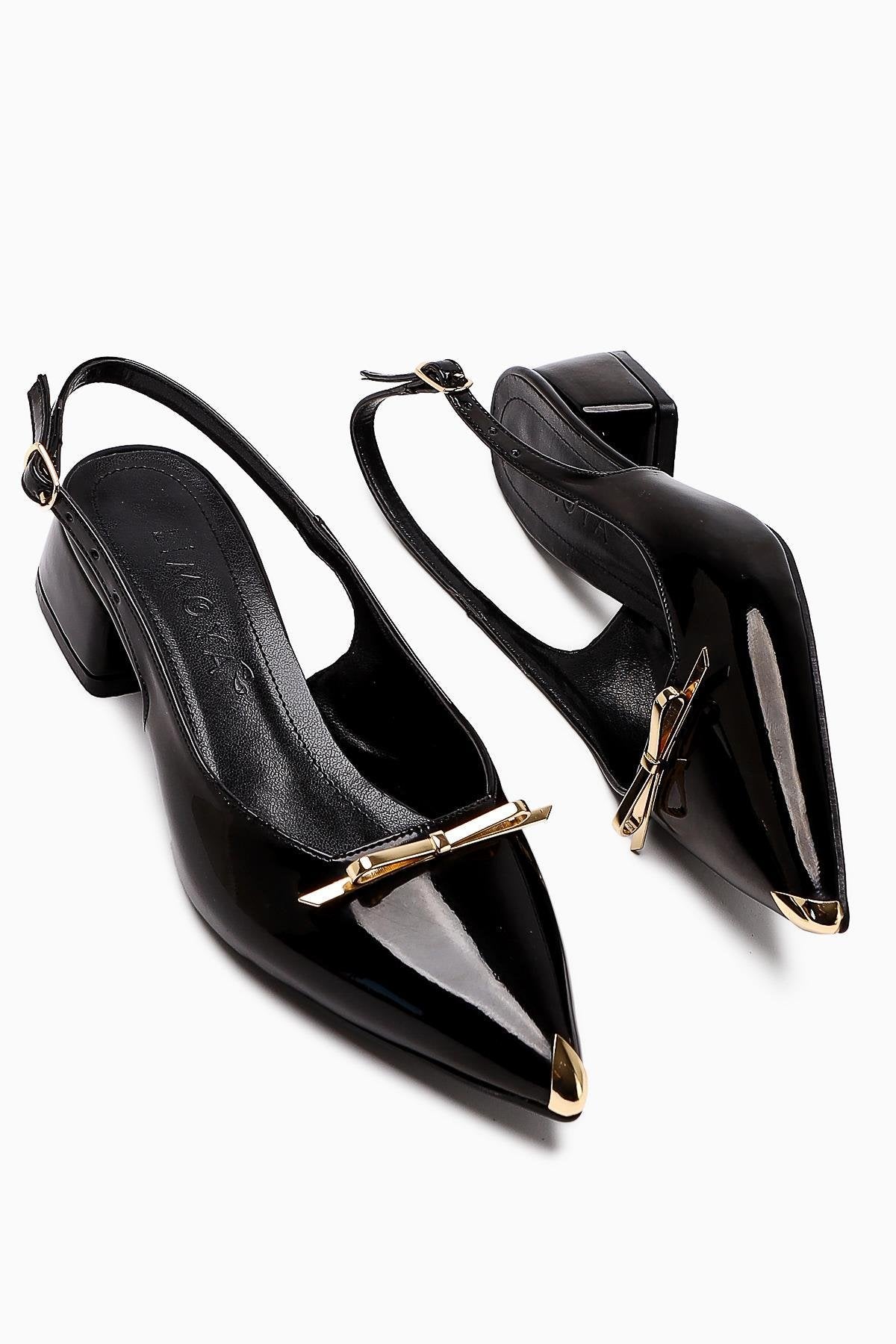 Noella Black Patent Pointed Toe Metallic Bow Short Heeled Women’s Shoes