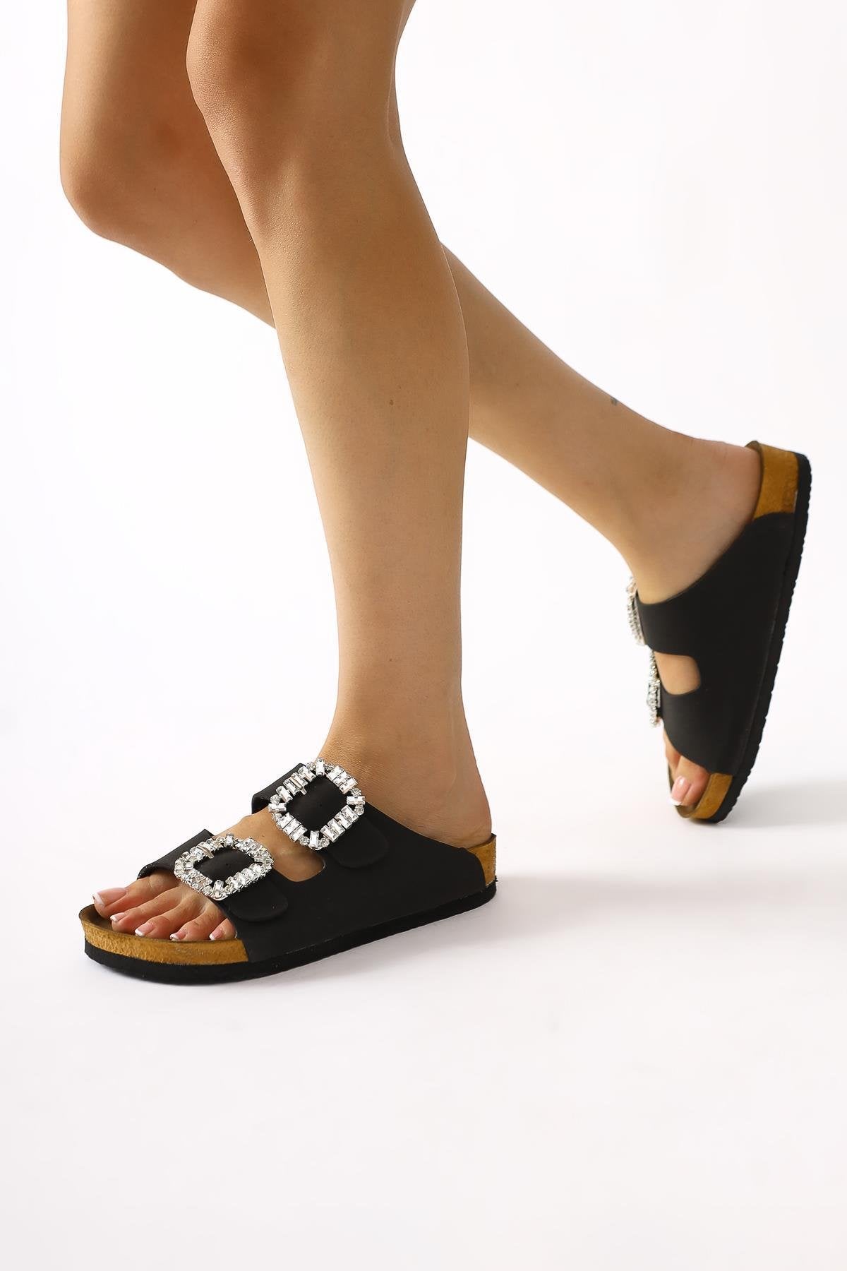 Brisa Black Double Strap Embellished Buckle Detail Slides