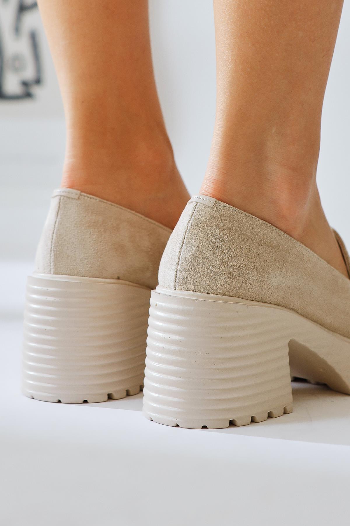 Alinne Beige Suede Moccasin with Thick Platform Sole