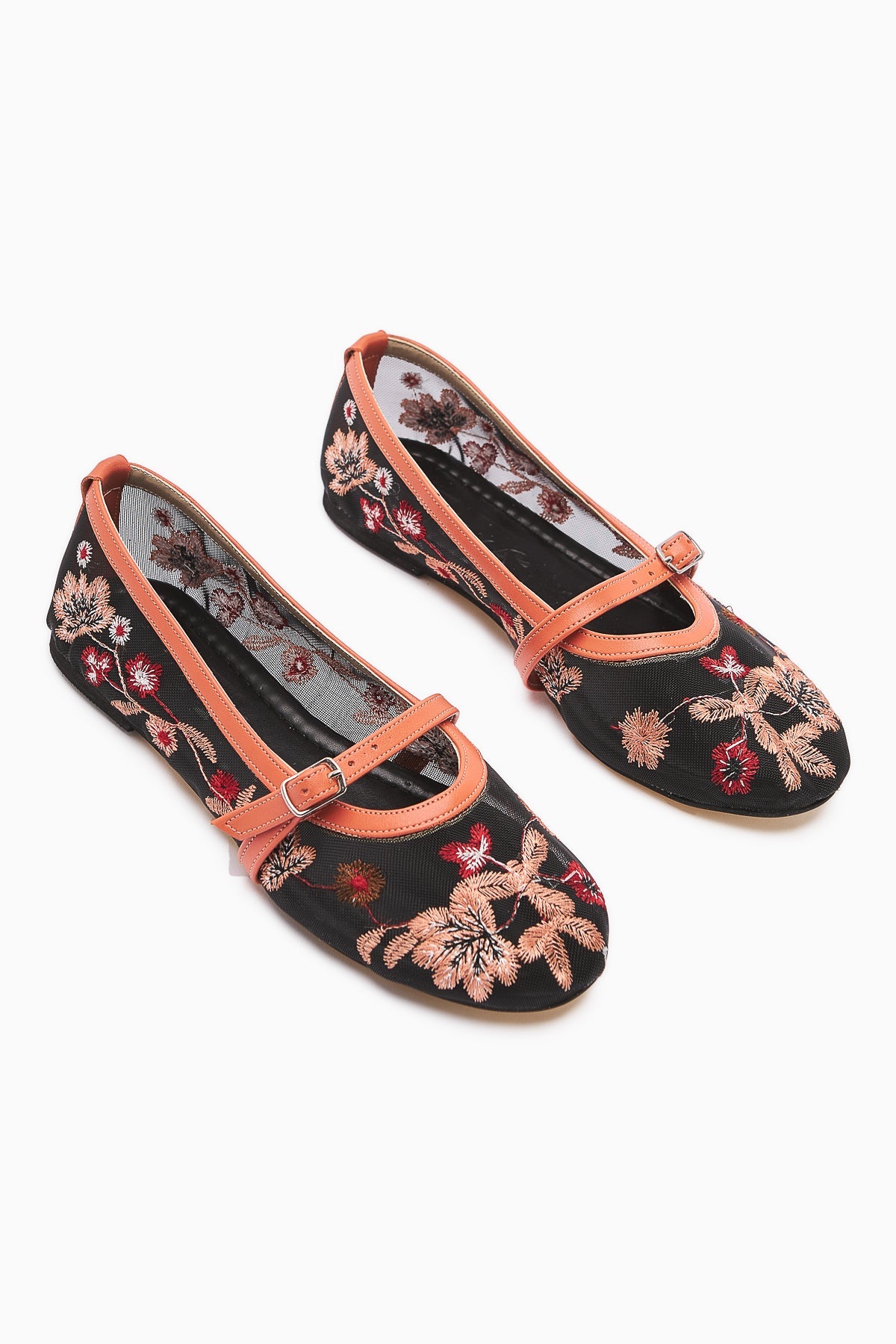 Jolin Orange Embroidered Buckle Women's Ballet Flat