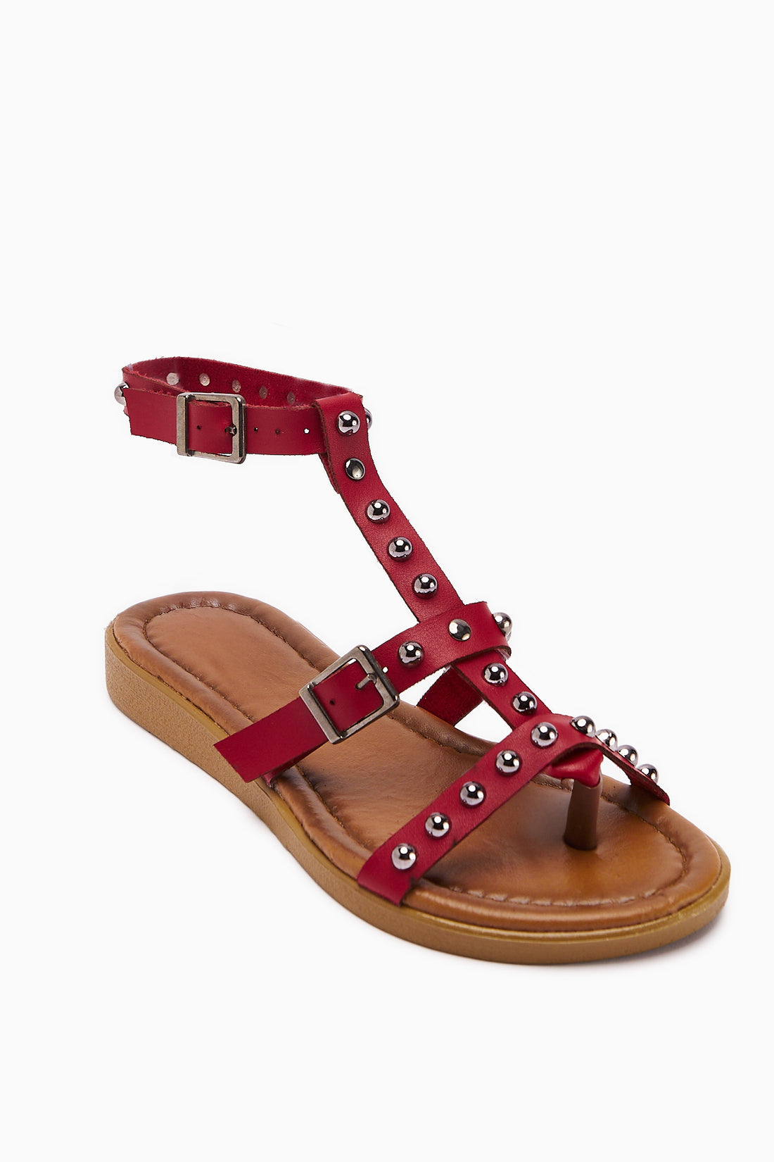 Genuine Leather Hivin Red Metal Bead Detailed Women’s Sandal
