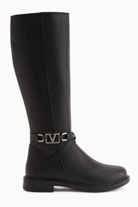 Momena Black Buckle Detailed Zippered Short Heeled Boots