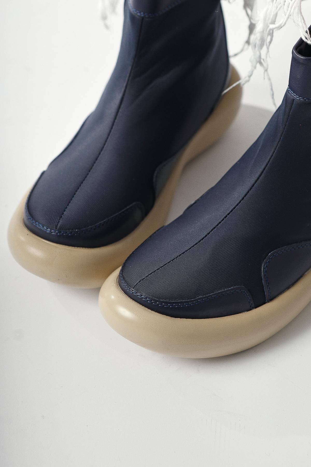 Maeda – Navy Neoprene Fabric Stud and Zipper-Detail Boot (Women)