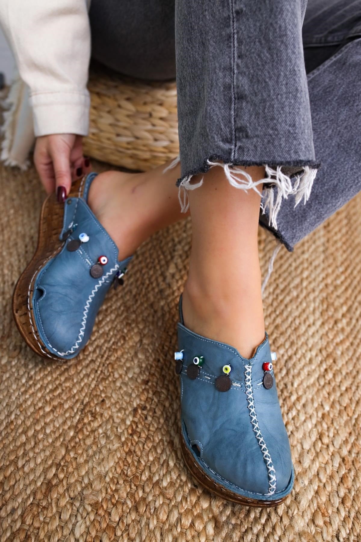 Annika Genuine Leather – Navy Antique-Detail Wedge Sabot Slide (Women)