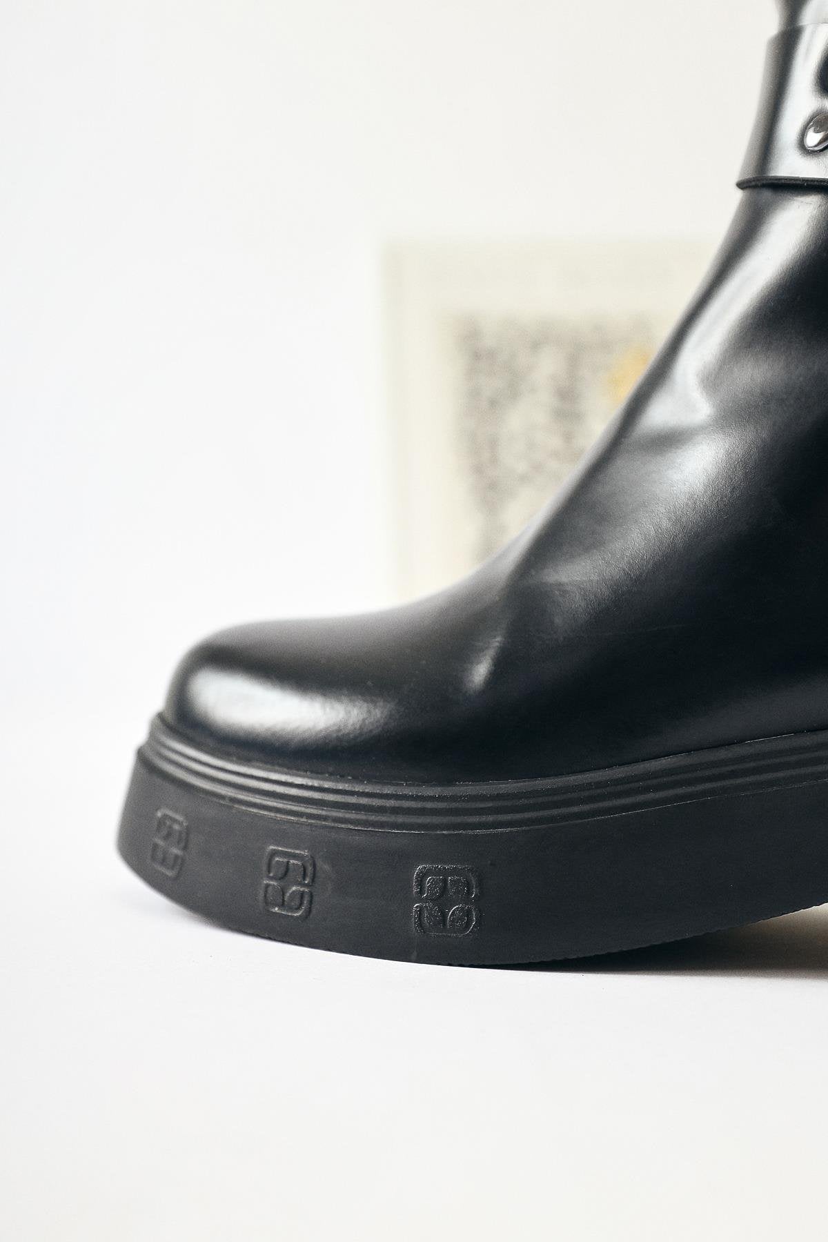 Lani Black Patent Leather Chunky Heeled Boots with Buckle and Stud Details