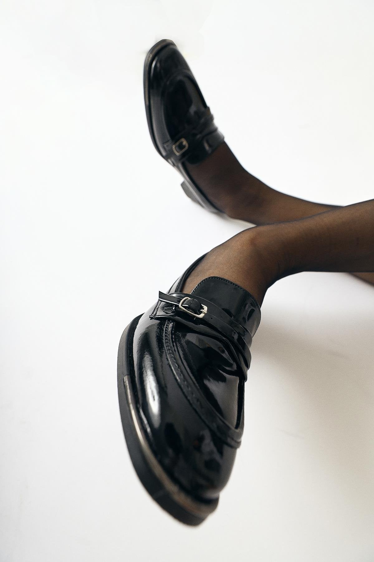Luba Black Patent Buckle Detailed Short Heel Everyday Shoe