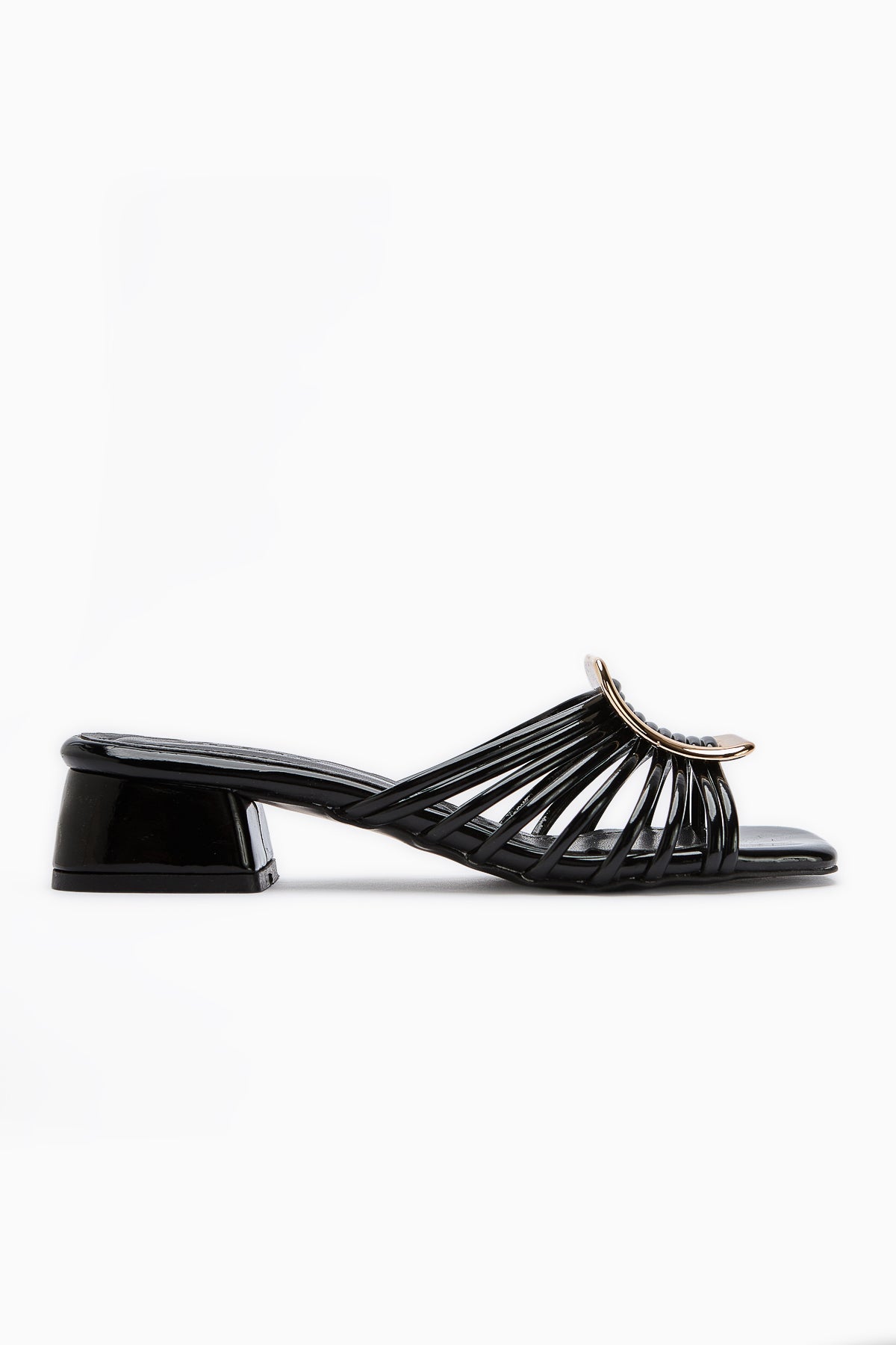 Greta – Black Patent Thick-Buckled Low Heel Slide (Women)