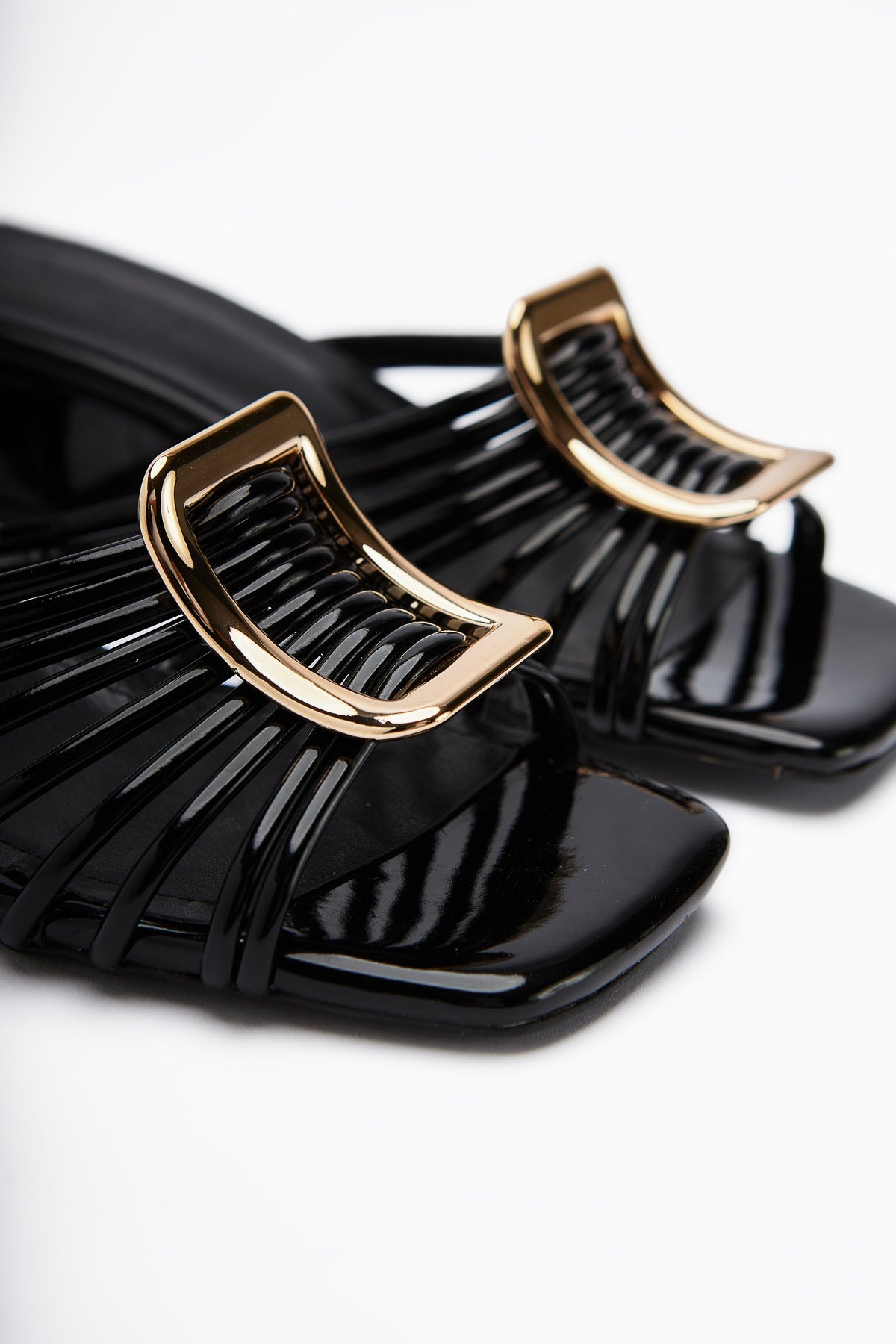 Greta – Black Patent Thick-Buckled Low Heel Slide (Women)