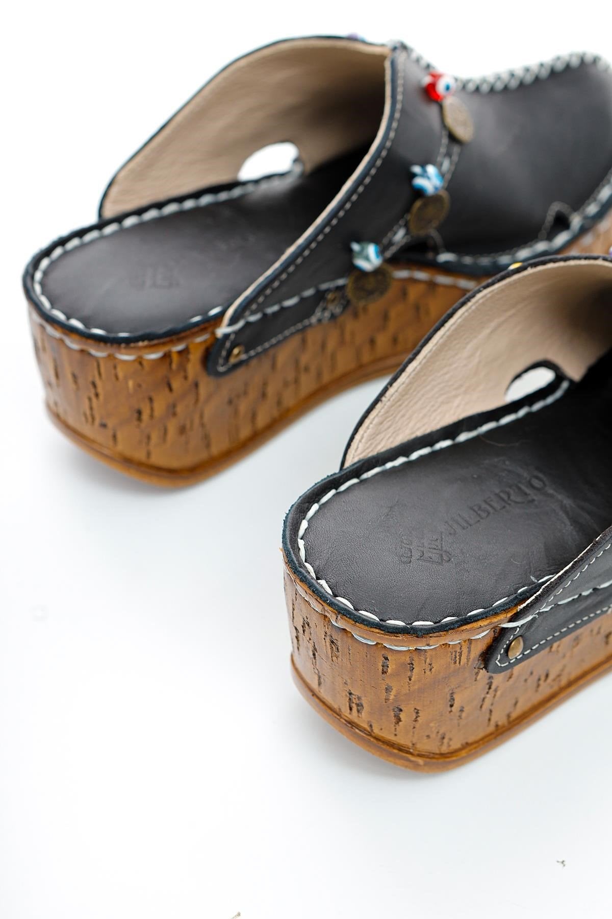 Annika Genuine Leather – Black Antique Detail Wedge Clog Slide (Women)