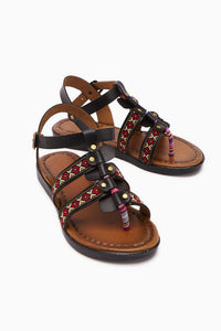 Genuine Leather Gabrielle Black Adjustable Ethnic Patterned Flat Women’s Sandal