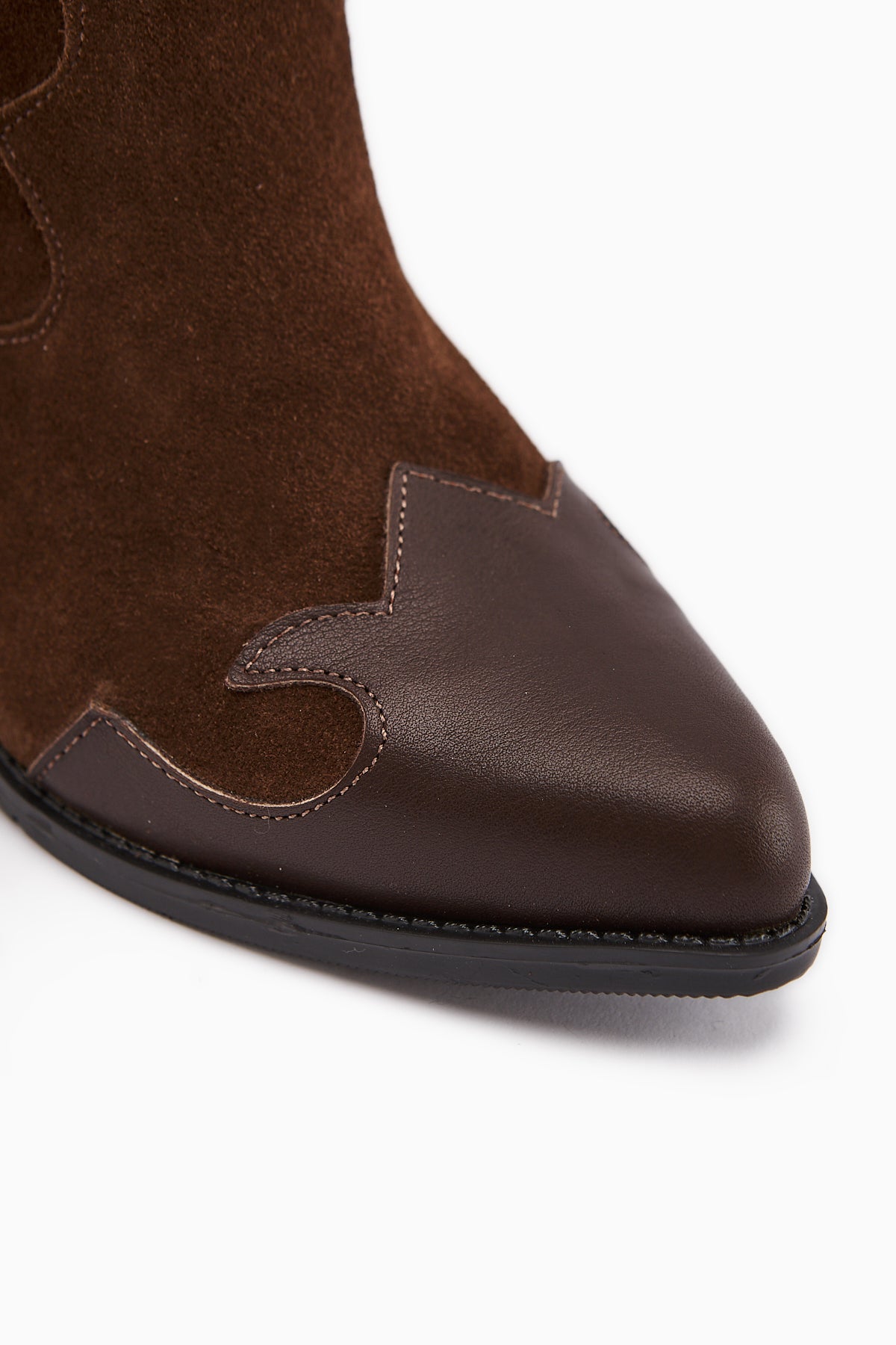 Lara – Genuine Leather Brown Suede-Embroidered Leather-Detail Heeled Western Knee-High Boot (Women)