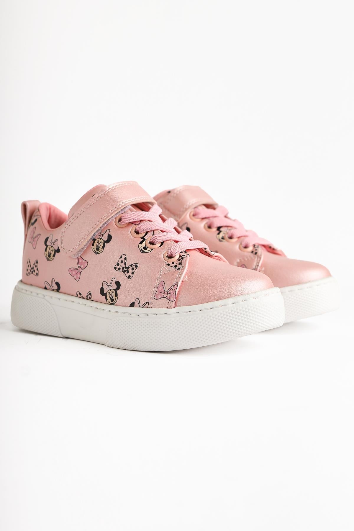 Kerry Pink Cartoon Character Print Lace-Up Sneakers with Velcro Detail for Kids