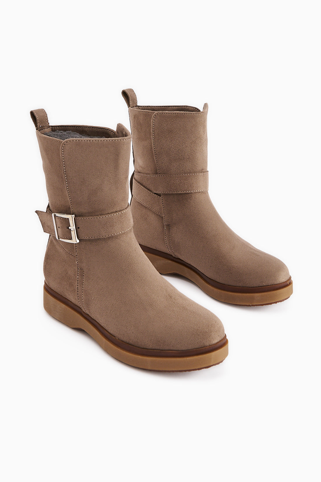 Behnoush Beige Suede Oval Toe Buckle Detailed Women’s Boots
