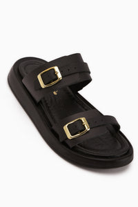Matea Genuine Leather Black Double Strap Women’s Slippers