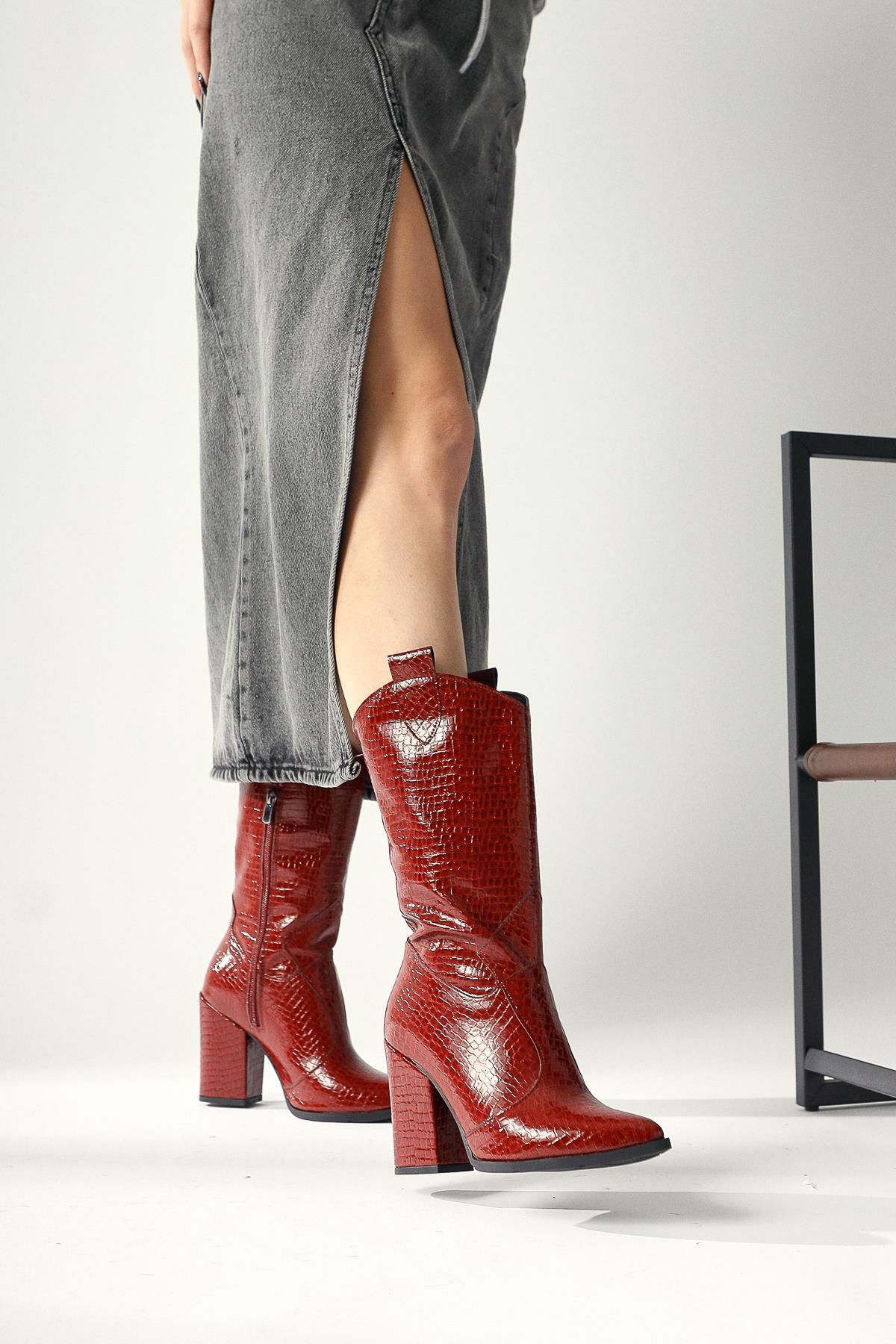 Keri – Burgundy Croc-Embossed Asymmetric-Cut Heeled Short Knee-High Boot (Women)